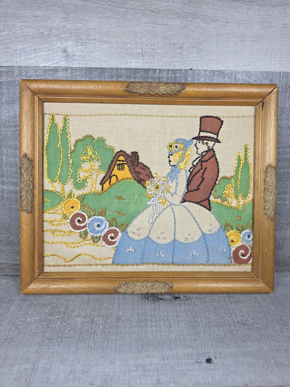 Vtg Vogue Art Handmade Embroidered Cottage Scene Victorian Couple Ornate 70s g4